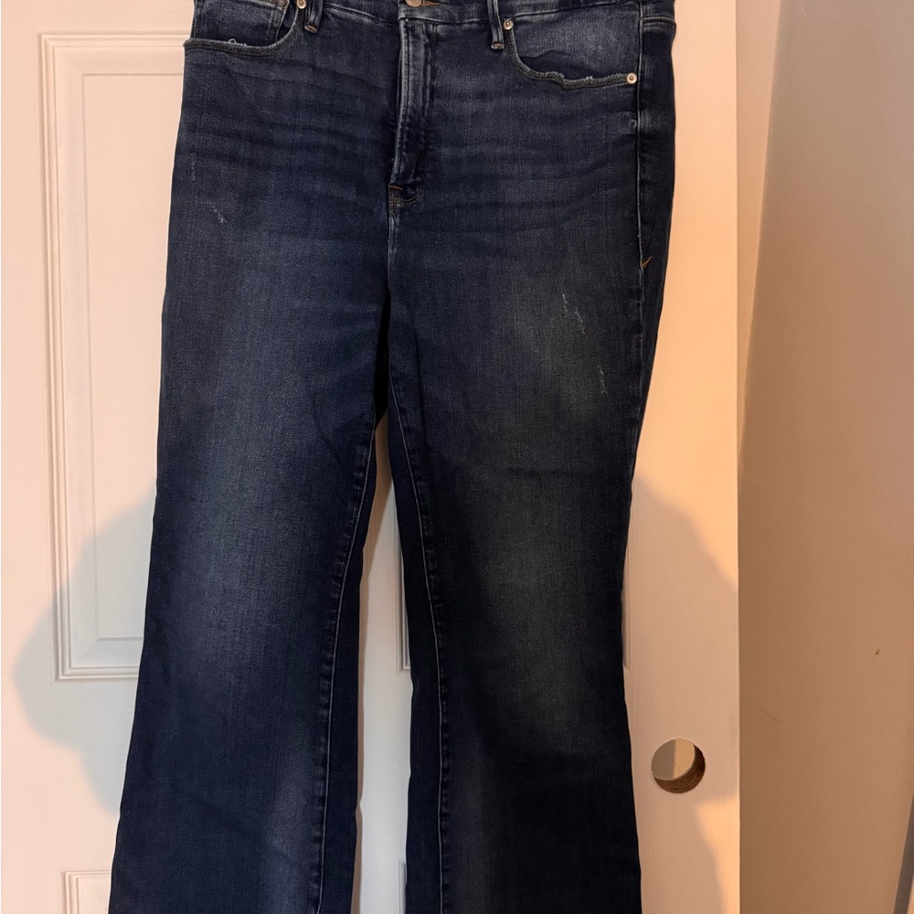 Good American Dark Blue cropped boot cut jeans